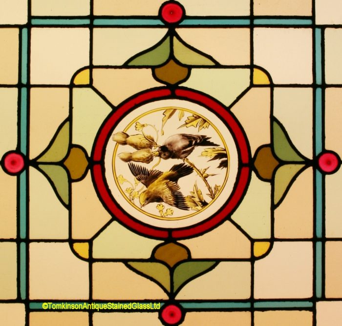 Ref: Ed352 - 2 Antique Stained Glass Windows - Birds & Blossom - Image 3