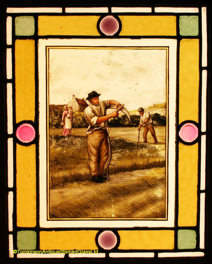Ref: Ron488 - Roundel – 2 Antique Stained Glass Panels - Country Scenes - Image 2