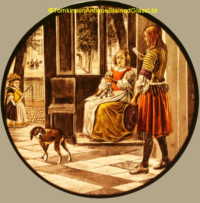 Ref: Ron499 - Roundel – Antique Stained Glass Roundel - Dutch Family Scene - Image 2