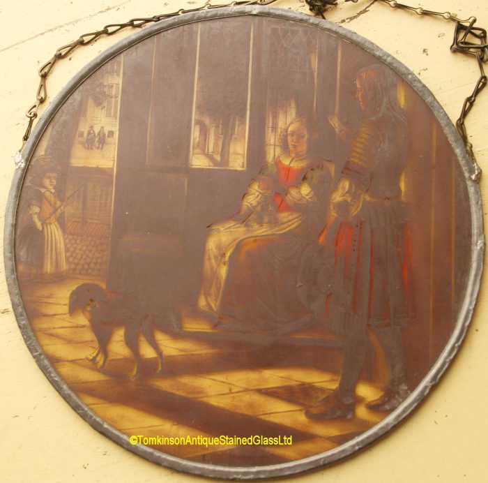 Ref: Ron499 - Roundel – Antique Stained Glass Roundel - Dutch Family Scene - Image 5