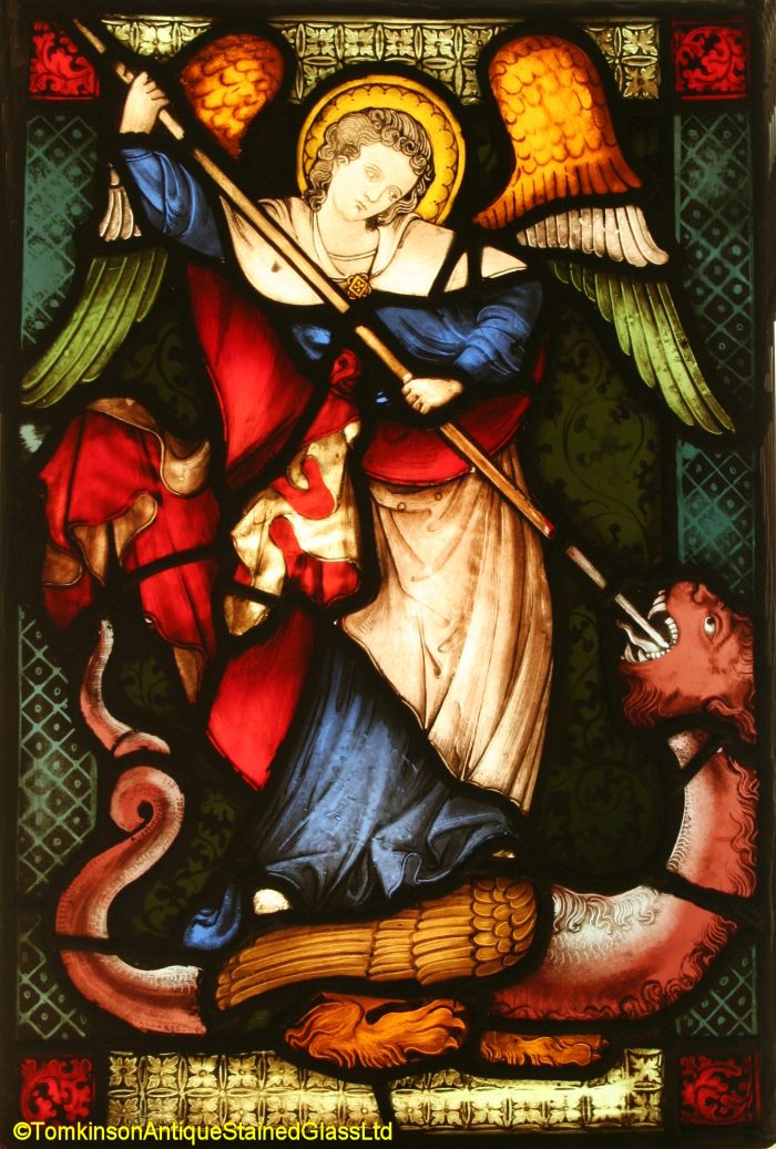 Ref: Ron504 - Roundel – Antique Stained Glass Roundels - St Michael and the Dragon - Image 2