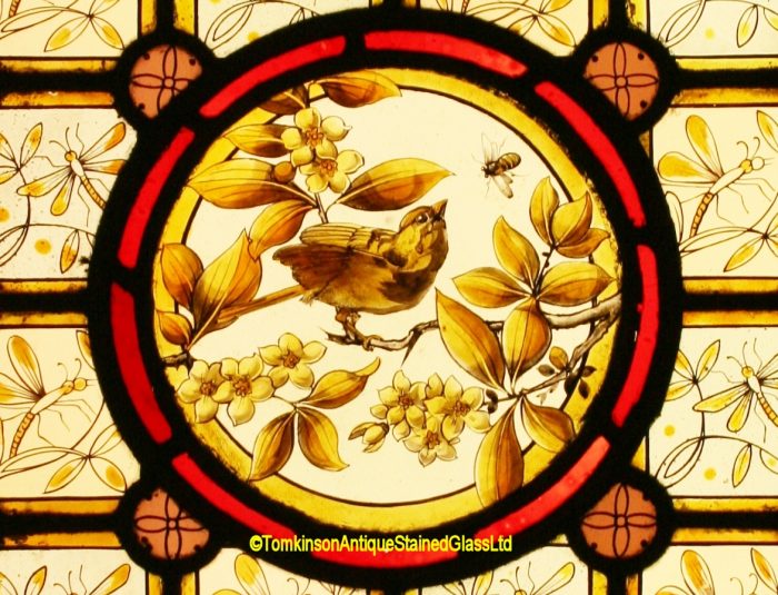 Ref: Vic613 - Victorian Stained Glass Window  -  Bird & Dragonflies - Image 3