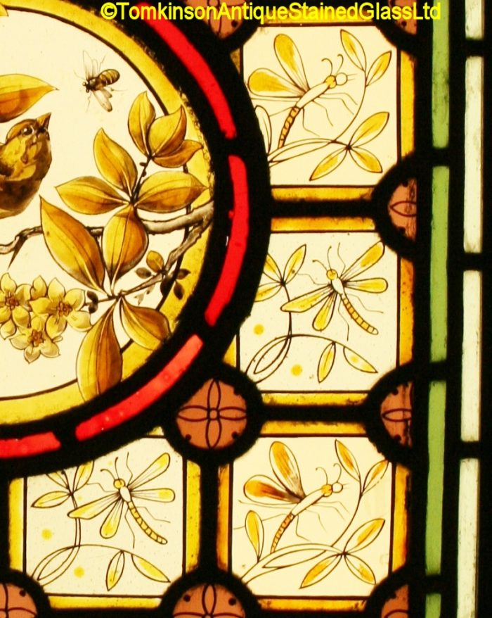 Ref: Vic613 - Victorian Stained Glass Window  -  Bird & Dragonflies - Image 5