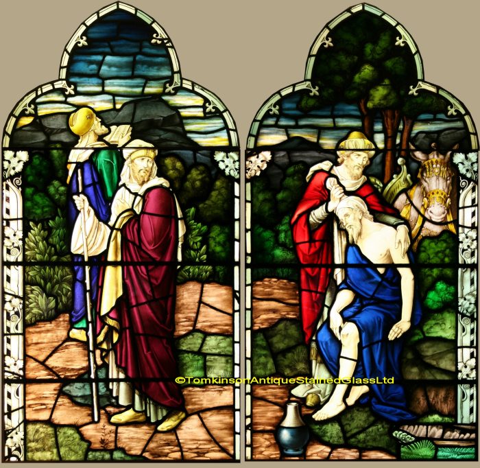Ref: Rel381 - 2 Antique Stained Glass Windows - The Good Samaritan - Image 2