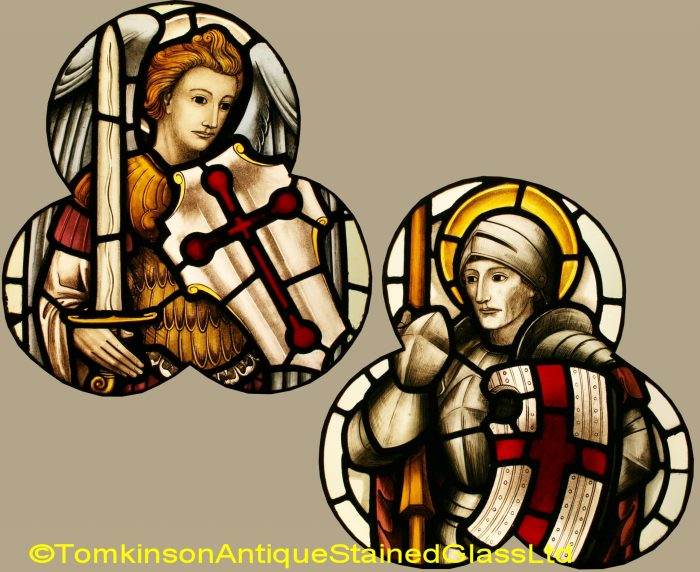 Ref: Ron516 - Roundel – Antique Stained Glass - St George & St Michael - Image 2