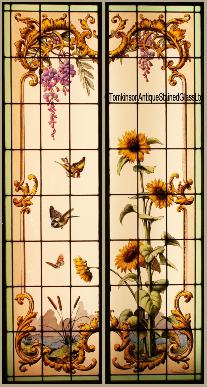 Ref: Fre277 - Pair Antique French Stained Glass Windows - Pond Scene - Image 2